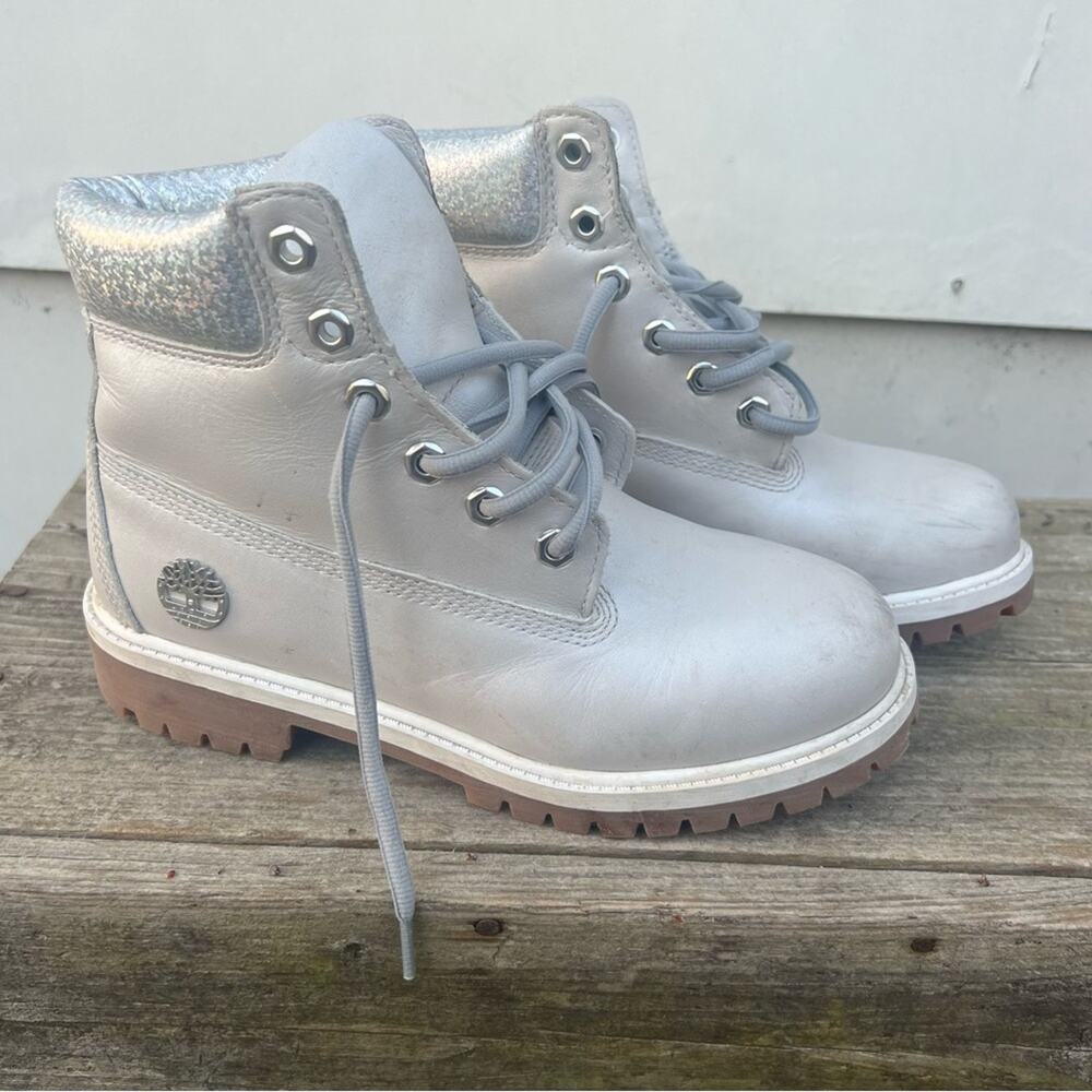 Timberland Metallic Gray Collar Waterproof Premium 6” Boots Girls Size 5 A5SUW